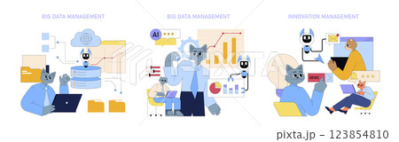 AI for global business advancement. The illustration highlights big data management and innovation management. It emphasizes AI's role in data analysis and operational efficiency across sectors AI for global business advancement. The illustration highlights big data management and innovation management. It emphasizes AI's role in data analysis and operational efficiency across sectors 123854810