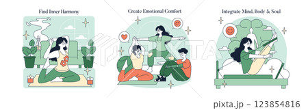 Pilates promotes inner harmony, emotional comfort, and a holistic connection of mind, body, and soul. Engaging in these practices supports physical well-being and mental clarity. Vector illustration. 123854816