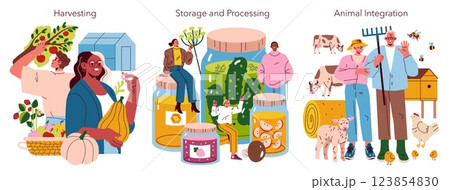 Colorful and vibrant illustrations depicting the processes of harvesting, food storage, and caring for animals 123854830