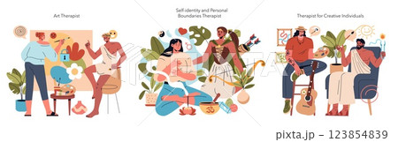 Illustration of various therapists, showcasing art therapy, identity exploration, and creative individual support. Each therapist engages with clients in meaningful ways, promoting mental well-being Illustration of various therapists, showcasing art therapy, identity exploration, and creative individual support. Each therapist engages with clients in meaningful ways, promoting mental well-being 123854839