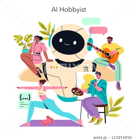 AI hobbyist merges technology with creativity. Various hobbies come to life, showcasing art, music, yoga, and interaction with a friendly robot. A vibrant celebration of personal interests and 123854856