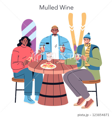 Friends enjoying mulled wine after winter activities. They share snacks and drinks at a cozy table, surrounded by ski gear and winter vibes. A moment of relaxation and celebration amidst the season 123854871