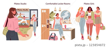 Pilates illustration set. Showcases a dynamic Pilates studio environment alongside comfortable locker rooms where women prepare and socialize. Promotes fitness, community, and well-being. Vector 123854872