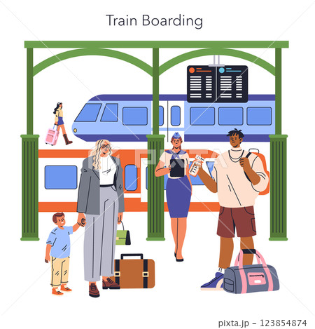 Train Travel scene capturing the boarding process at a train station. Travelers prepare to embark, showcasing a diverse group, luggage, and a train in the background. This environment highlights the 123854874