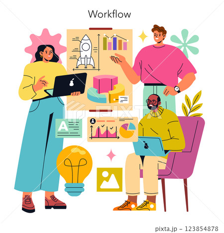 Workflow illustration representing team collaboration and productivity. It features diverse individuals engaging with various tools and charts, showcasing innovative ideas and effective communication 123854878