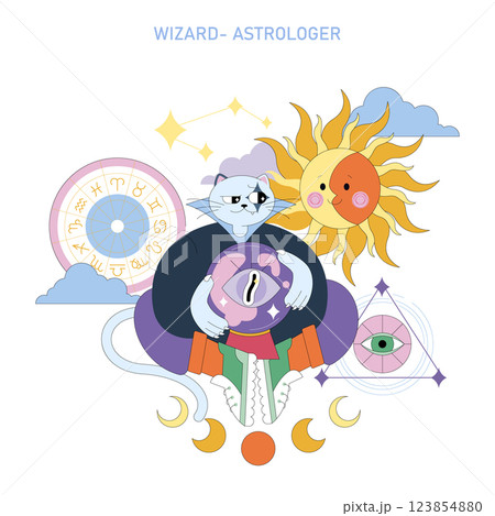 Wizard-Astrologer concept. A whimsical cat character embraces astrology with symbols like moons, suns, and zodiac wheels. This illustration captures the mystical essence of fortune-telling and cosmic 123854880