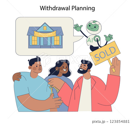 Robot advisor assisting a couple in home buying and withdrawal planning. The couple holds keys while celebrating the sale with a friendly AI. Emphasizing the blend of technology in real estate. Vector 123854881
