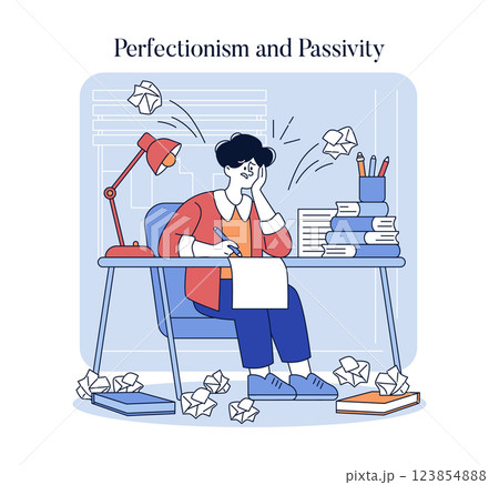 The illustration explores the themes of perfectionism and passivity, showcasing a person overwhelmed at their desk surrounded by crumpled paper, illustrating the struggle between expectation and 123854888