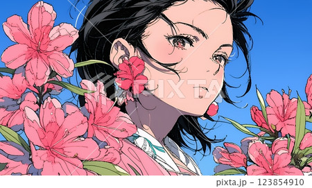満開のツツジの花と若い女性