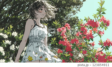 満開のツツジの花と若い女性
