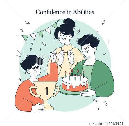 Illustration of a celebration reflecting confidence in abilities, featuring three happy individuals with a trophy and birthday cake. It highlights achievements and positive reinforcement in a joyful 123854914