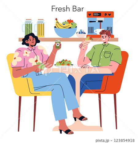 Modern office scene featuring two people enjoying healthy snacks and drinks at a fresh bar. Focus on social interaction and wellness culture in a vibrant workspace atmosphere. 123854918