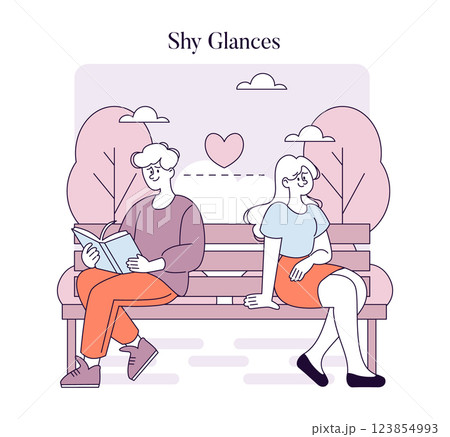 First Love illustration. Captures the tender moment of young romance, showing two individuals on a bench exchanging shy glances. The scene is set in a peaceful park with trees and soft clouds, evoking 123854993