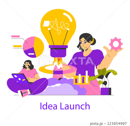 Idea realization process featuring individuals brainstorming and developing innovative concepts. Elements of creativity, strategy, and teamwork come together to visualize the journey from ideas to Idea realization process featuring individuals brainstorming and developing innovative concepts. Elements of creativity, strategy, and teamwork come together to visualize the journey from ideas to 123854997