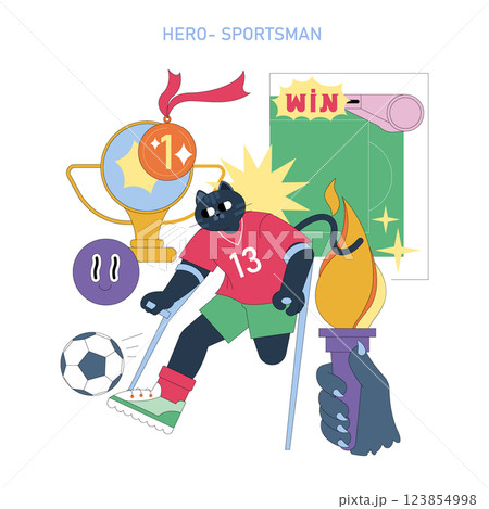 Hero Sportsman concept. This illustration celebrates the spirit of sportsmanship through a dynamic character engaged in a soccer game. Symbols of victory, like trophies and the winning sign, enhance Hero Sportsman concept. This illustration celebrates the spirit of sportsmanship through a dynamic character engaged in a soccer game. Symbols of victory, like trophies and the winning sign, enhance 123854998