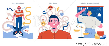 FOBO concept. Illustration about anxiety, confusion, and difficulty experienced during choice-making processes, inner doubts, emotional balance, and problem-solving situations. Vector illustration 123855022