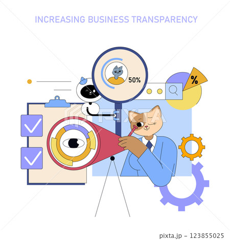 AI's role in enhancing business transparency is explored through visual tools and analytics. The illustration emphasizes clarity, accountability, and progress in modern management practices. 123855025