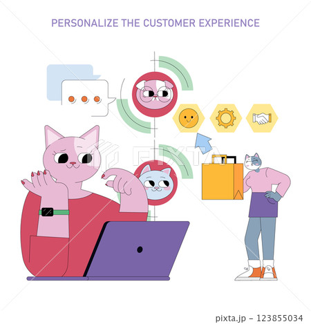 Customer experience personalization and engagement process highlighted with characters. This illustration emphasizes interaction, satisfaction, and effective service enhancements in marketing. Vector 123855034