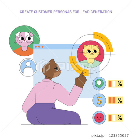Customer personas creation for lead generation is essential in marketing strategy. Understanding target audience preferences enhances engagement and boosts conversion rates. Vector illustration. 123855037