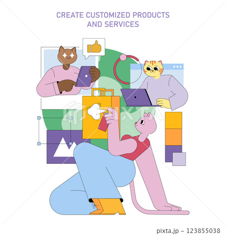 This illustration showcases individuals engaged in product marketing by creating customized products and services. It emphasizes teamwork and technology in a colorful, dynamic setting. 123855038
