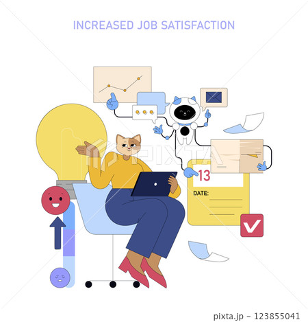 AI assistant enhancing workplace engagement leads to increased job satisfaction. The illustration captures a blend of productivity tools and positive emotions through an entertaining character 123855041