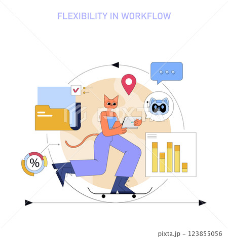 AI in the workplace enhances flexibility by integrating technology for better communication and productivity. The illustration represents workflow adaptation, remote access, and dynamic solutions. 123855056
