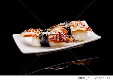 Sushi beautifully arranged on black 123855241