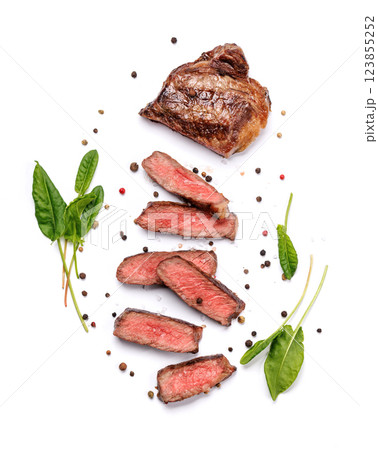 A perfectly cooked sliced striploin steak with a juicy, tender texture 123855252