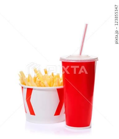French fries and a cup of cola isolated on a white background French fries and a cup of cola isolated on a white background 123855347