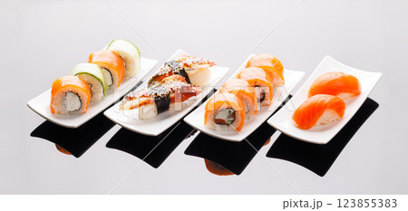 Assorted sushi and maki rolls beautifully arranged on plates 123855383