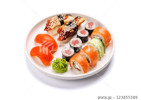 Assorted sushi and maki rolls beautifully arranged on plate 123855389