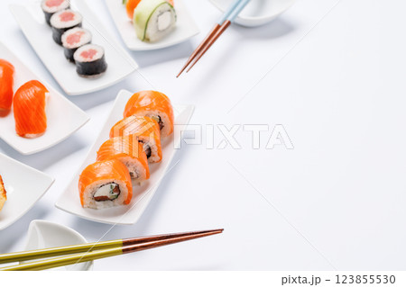 Assorted sushi and maki rolls beautifully arranged on plates 123855530