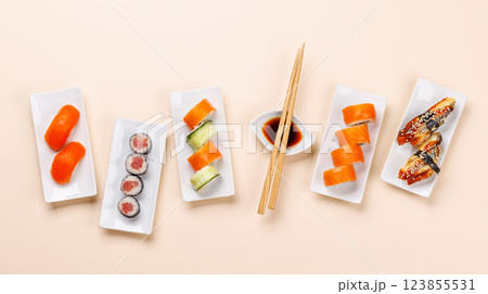 Assorted sushi and maki rolls beautifully arranged on plates 123855531