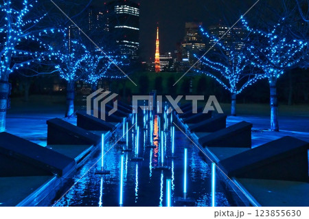 冬 品川シーズンテラスのブルーイルミネーションとオレンジ色の東京タワー 123855630
