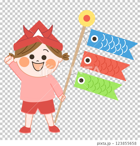 A warm and friendly illustration of a smiling girl wearing a carp streamer and a helmet. 123855658
