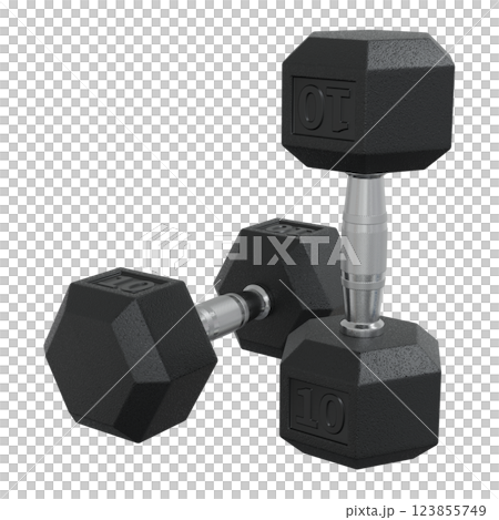 Two Hex Dumbbells with number 10, weightlifting gym equipment 123855749