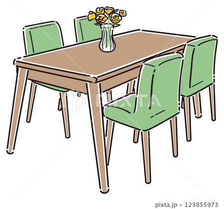 4人掛けダイニングテーブルセットのイラスト　線画 123855973