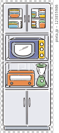 電子レンジと食器が入った収納棚のイラスト 線画 電子レンジと食器が入った収納棚のイラスト 線画 123855986