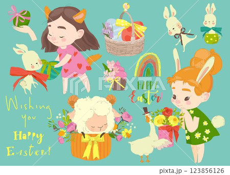 Happy Easter Set with Cute Girls and Easter Elements 123856126