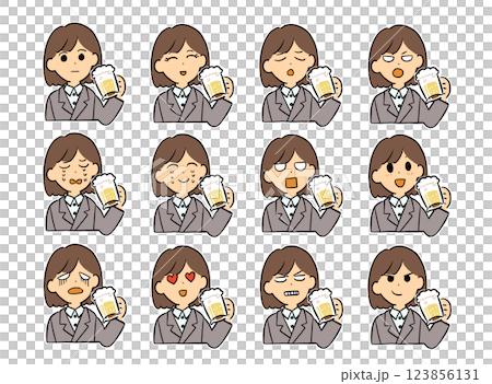 A woman in a suit drinking beer with 12 different facial expressions 123856131