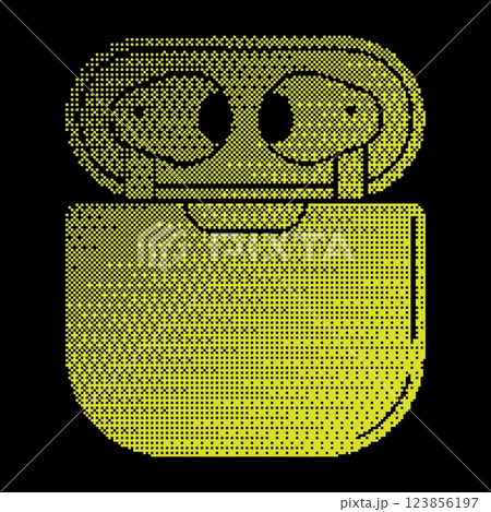 Pixel headphones flip case halftone silhouette icon. Wireless headphones in protective charging flip cover case. Portable device for listening music. Simple black and yellow vector isolated on black Pixel headphones flip case halftone silhouette icon. Wireless headphones in protective charging flip cover case. Portable device for listening music. Simple black and yellow vector isolated on black 123856197