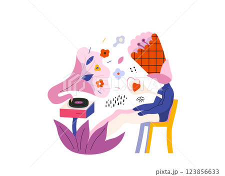 Life Unframed: Flower music -modern flat vector concept illustration of person listening to gramophone. Metaphor of unpredictability, imagination, whimsy, cycle of existence, play, growth, discovery 123856633