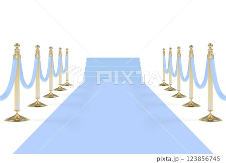 Baby blue carpet on stairs with ropes on golden stanchions 123856745