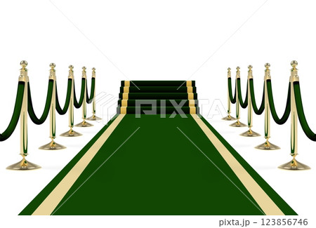 Black green carpet on stairs with ropes on golden stanchions 123856746