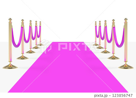 Pink carpet with pink ropes on golden stanchions 123856747