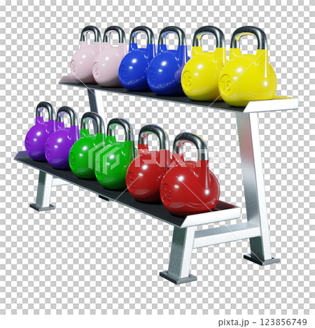 Gym rack with different Olympic kettlebells, cast iron powerlifting equipment 123856749