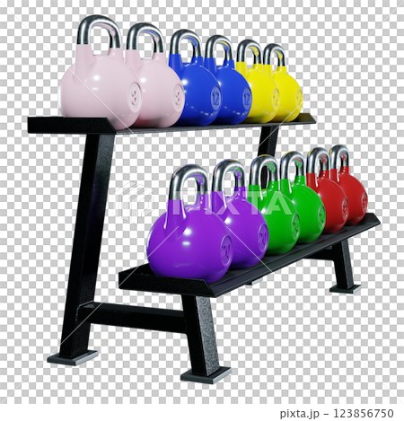 Gym rack with different Olympic kettlebells, cast iron powerlifting equipment Gym rack with different Olympic kettlebells, cast iron powerlifting equipment 123856750