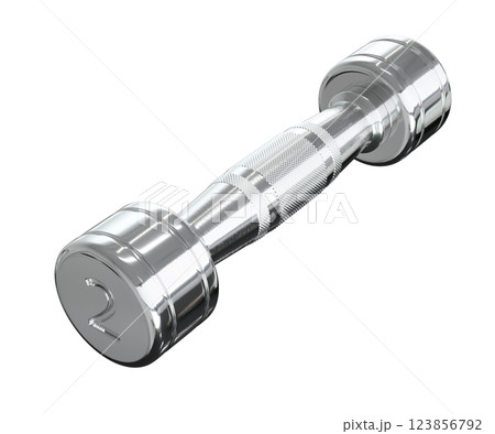Round Chrome Dumbbell with number 2, weightlifting gym equipment side view 123856792