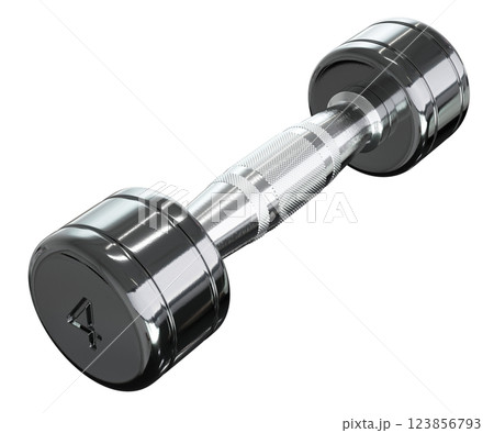 Round Chrome Dumbbell with number 4, weightlifting gym equipment side view 123856793