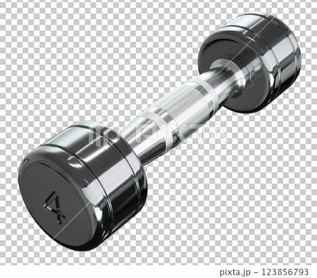 Round Chrome Dumbbell with number 4, weightlifting gym equipment side view Round Chrome Dumbbell with number 4, weightlifting gym equipment side view 123856793
